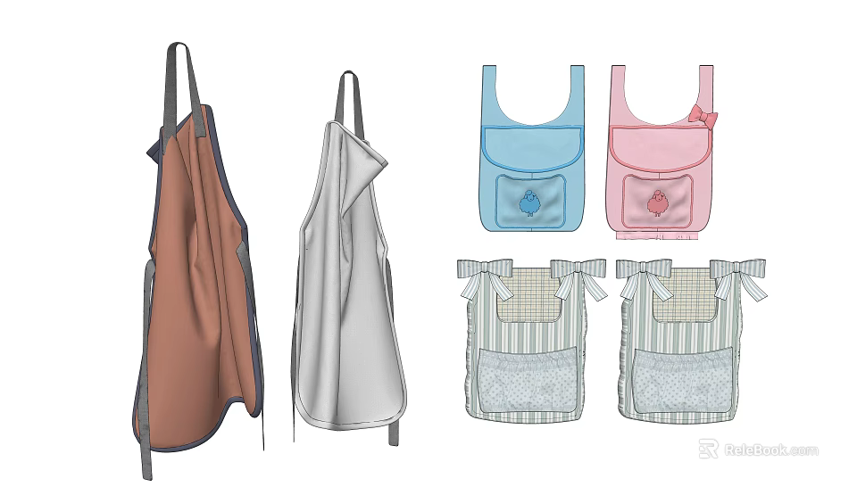 Stylish Kitchen Aprons In Brown Gray Blue Pink And Striped Patterns 3d model 