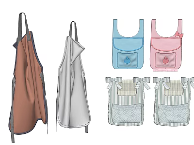 Stylish Kitchen Aprons In Brown Gray Blue Pink And Striped Patterns 3d model