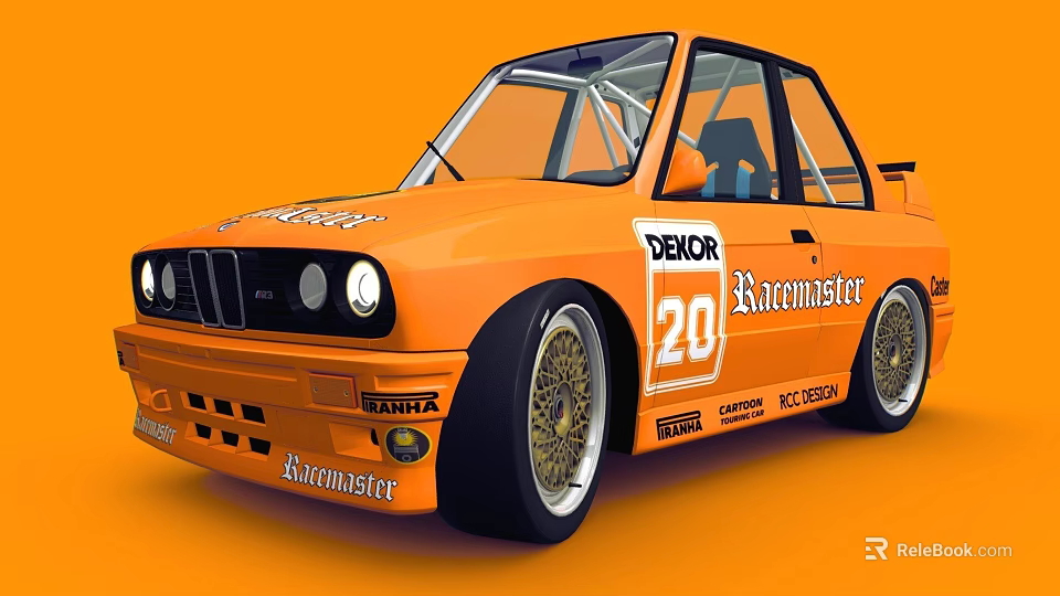 Orange Two Door Race Car With Extramaster Stickers And Golden Alloy Rims 3d model 