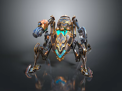 Elaborate Mechanical Creature Design With Golden Blue Accents Weapon Like Appendages And Multi Legged Structure 3d model