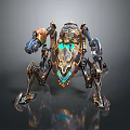 Elaborate Mechanical Creature Design With Golden Blue Accents Weapon Like Appendages And Multi Legged Structure
