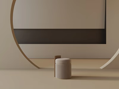 Beige Striped Side Table with Circular Decorations and Dark Horizontal Stripe on Light Wall 3d model