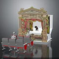Ornate Miniature Theater Stage With Red Curtains Audience Seats And Performer