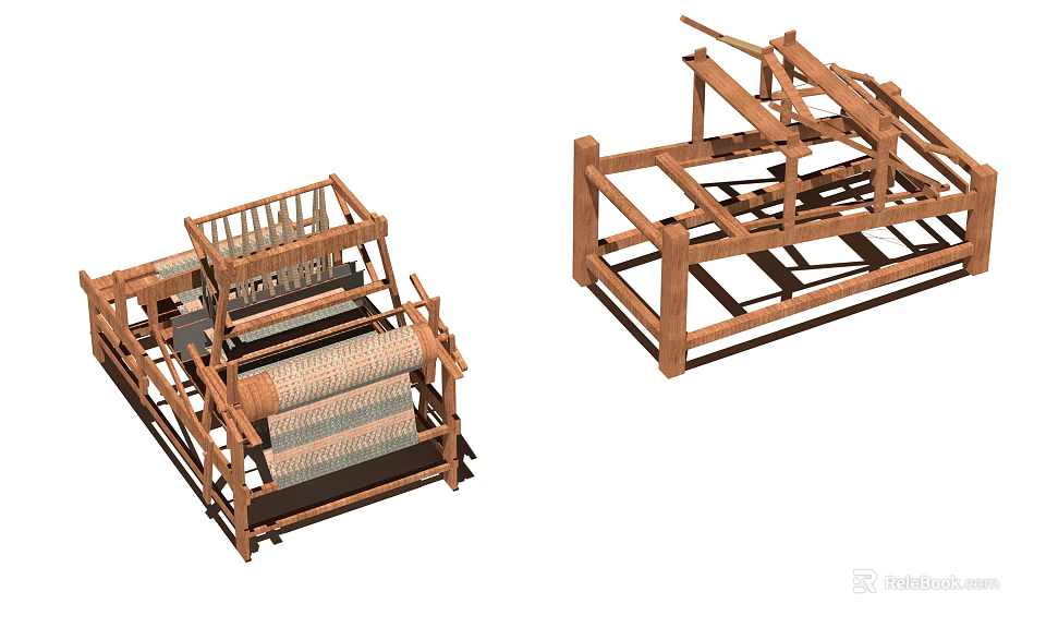 Traditional Industrial Textile Weaving Machine with Wooden Frame and Mechanism 3d model 