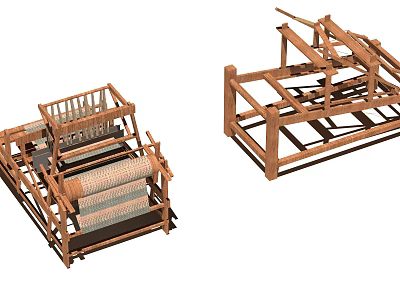 Traditional Industrial Textile Weaving Machine with Wooden Frame and Mechanism 3d model