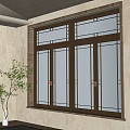 Traditional Carved Lattice Window Indoor Scene With Beige Wall Green Plant And Water Town Reflections