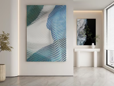 Abstract Painting With Blue Green Stripes In Modern Interior Space 3d model