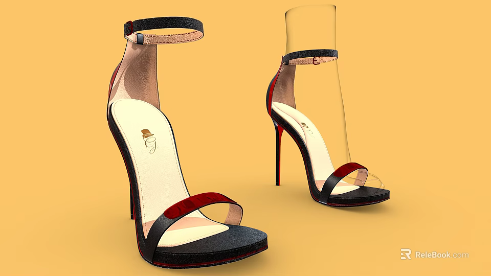 Women's Fashion High Heel Sandals With Transparent Strap Black Red Accents And Stiletto Heel 3d model 