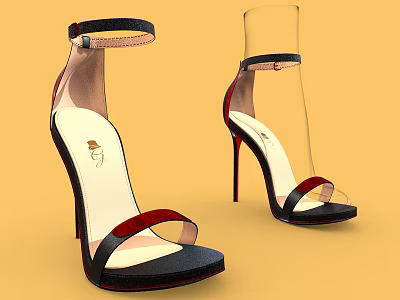 Women's Fashion High Heel Sandals With Transparent Strap Black Red Accents And Stiletto Heel 3d model