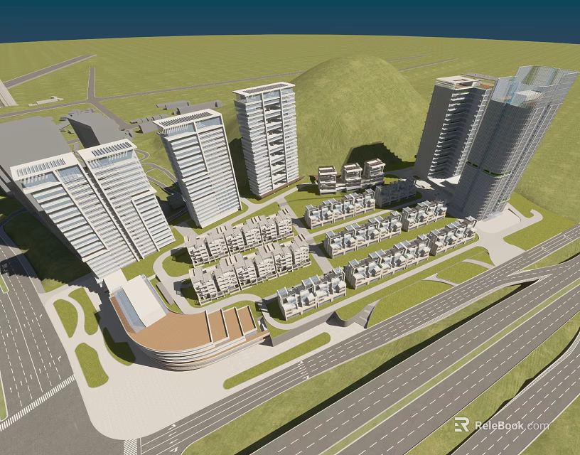 Urban Commercial Street Development With High Rise Buildings Green Spaces And Roads 3d model 