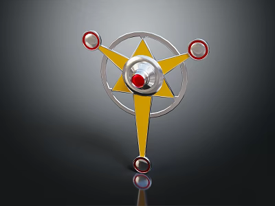 Decorative Star Shaped Ornament With Yellow Center Silver Ring And Red Spherical Accents 3d model