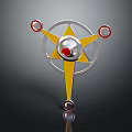 Decorative Star Shaped Ornament With Yellow Center Silver Ring And Red Spherical Accents