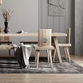 Modern Dining Room Interior With Wooden Dining Table Chairs Woven Pendant Light Striped Abstract Art