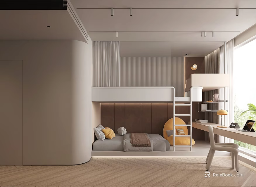 Modern Kids Room Interior With Bunk Bed Sofa Area Desk And Natural Light 3d model 
