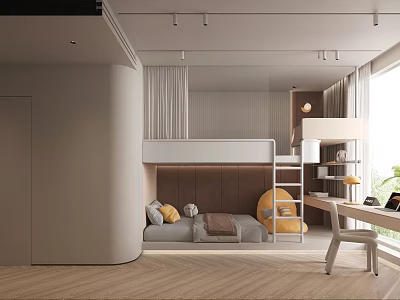 Modern Kids Room Interior With Bunk Bed Sofa Area Desk And Natural Light 3d model