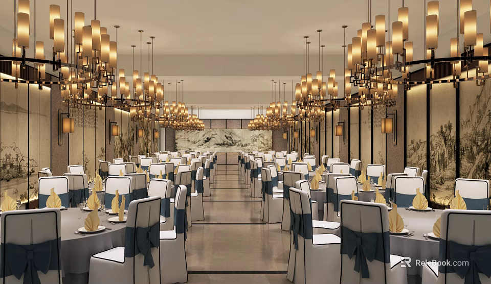 Elegant Private Dining Room Interior With Hanging Chandeliers Yellow Napkins And Blue Ribbon Chairs 3d model 