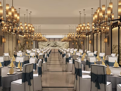 Elegant Private Dining Room Interior With Hanging Chandeliers Yellow Napkins And Blue Ribbon Chairs 3d model