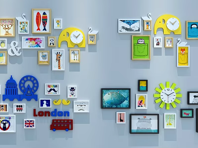 Creative Photo Wall Decor with Various Frames Clocks and London Themed Art Pieces 3d model