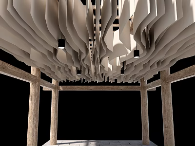Stylish Pergola Design Featuring Wavy White Top Panels Wooden Columns And Hanging Lights 3d model
