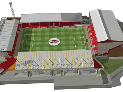 Aerial View Of Modern Football Stadium With Red Stands Green Pitch And Circular Logo 3d model