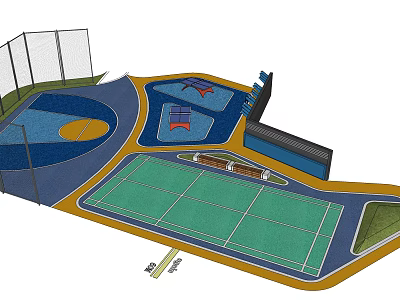 Multi Functional Sports Court Design with Blue Green Surfaces Seating Fencing and Court Markings 3d model