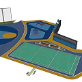 Multi Functional Sports Court Design with Blue Green Surfaces Seating Fencing and Court Markings
