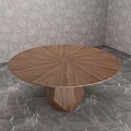 Round Wooden Dining Table With Radiant Texture Top Geometric Base Marble Floor Patterned Wallpaper 3d model
