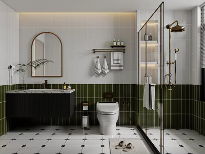 Modern Bathroom Interior With White Tiled Walls Black Cabinet Green Tiles And Brass Fixtures 3d model