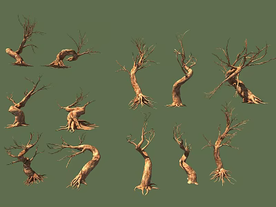 Natural Wooden Tree Trunks With Various Shapes And Brown Roots On Green Background 3d model