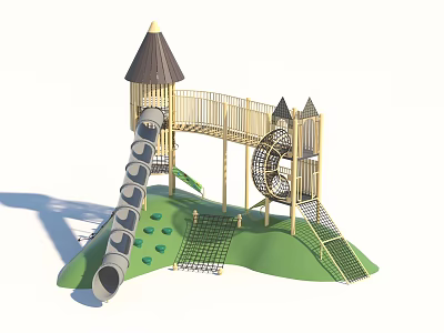 Garden Landscape Featuring Playground Tower Slide And Net Climbing Structure On Green Lawn 3d model