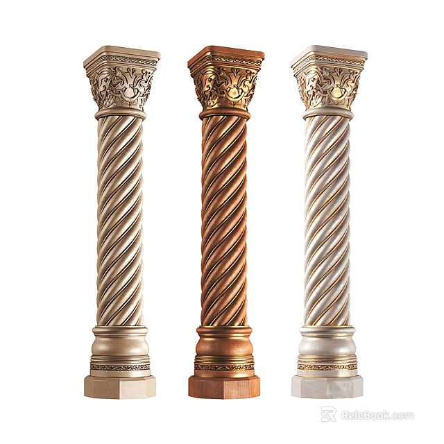 Roman Columns With Twisted Design Ornate Capitals And Gold Copper Silver Tones 3d model 