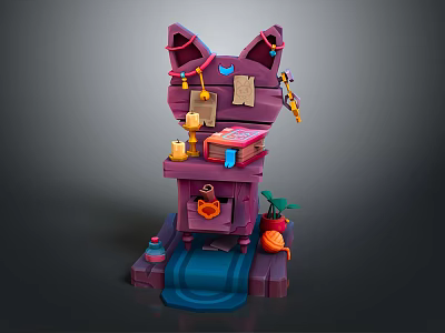 Purple Cat Ear Shaped Decorative Figurine with Candles Book Pumpkin Carrot Plant and Blue Slide 3d model