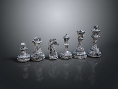 Metallic Silver Chess Pieces Arranged in Row on Black Reflective Surface 3d model