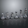 Metallic Silver Chess Pieces Arranged in Row on Black Reflective Surface 3d model