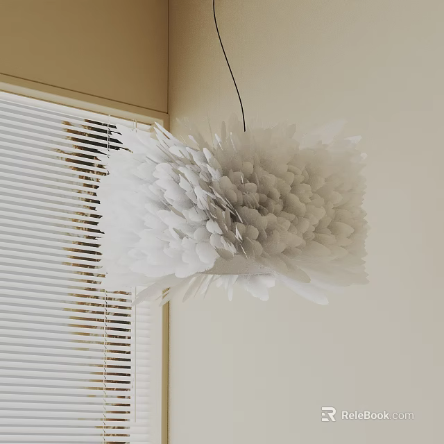 White Petal Shaped Chandelier Hanging Near Window Blinds With Light Colored Wall 3d model 