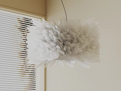 White Petal Shaped Chandelier Hanging Near Window Blinds With Light Colored Wall 3d model