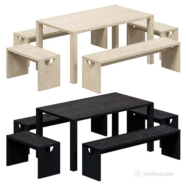 Modern Light And Dark Wooden Table And Bench Set Design Options 3d model 