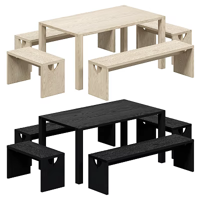 Modern Light And Dark Wooden Table And Bench Set Design Options 3d model