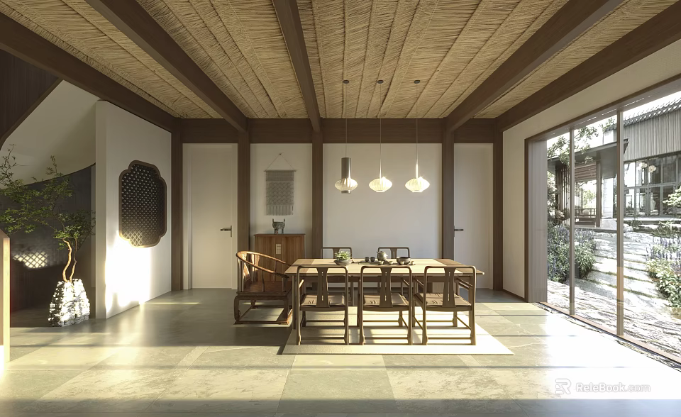 Traditional Tea Room Interior Design With Wooden Table Chairs Pendant Lights And Natural Light 3d model 