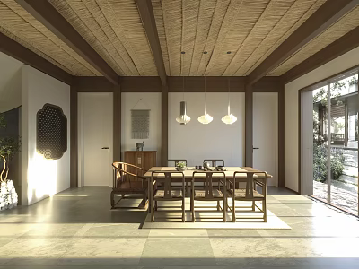 Traditional Tea Room Interior Design With Wooden Table Chairs Pendant Lights And Natural Light 3d model