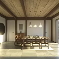 Traditional Tea Room Interior Design With Wooden Table Chairs Pendant Lights And Natural Light