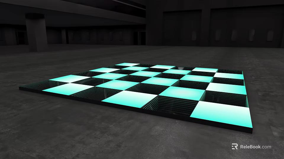 Mirror Checkerboard Floor Tiles Illuminated With Blue Lighting In Dark Spacious Room 3d model 