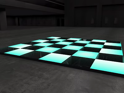 Mirror Checkerboard Floor Tiles Illuminated With Blue Lighting In Dark Spacious Room 3d model