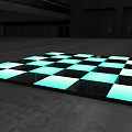 Mirror Checkerboard Floor Tiles Illuminated With Blue Lighting In Dark Spacious Room