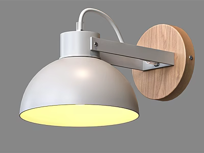 Modern Wall Lamp with Dome Shaped White Lampshade Wooden Base and Metal Arm Illuminated Design 3d model