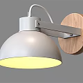 Modern Wall Lamp with Dome Shaped White Lampshade Wooden Base and Metal Arm Illuminated Design