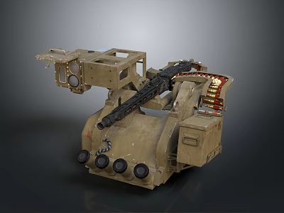 Brown Military Mechanical Device With Machine Gun And Ammunition Box Structure 3d model