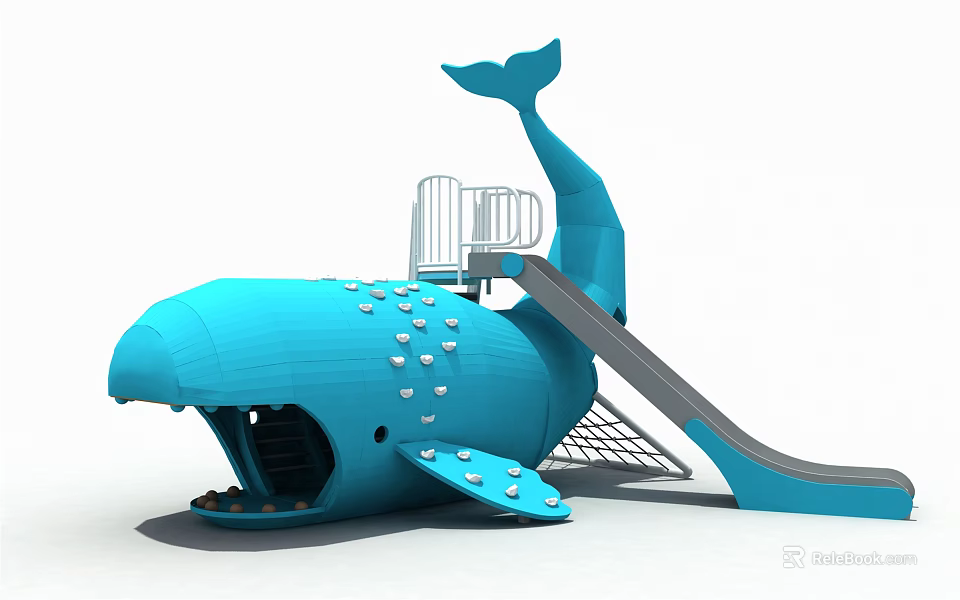 Blue Whale Shaped Playground Equipment With Slide Entrance And Staircase Railings 3d model 