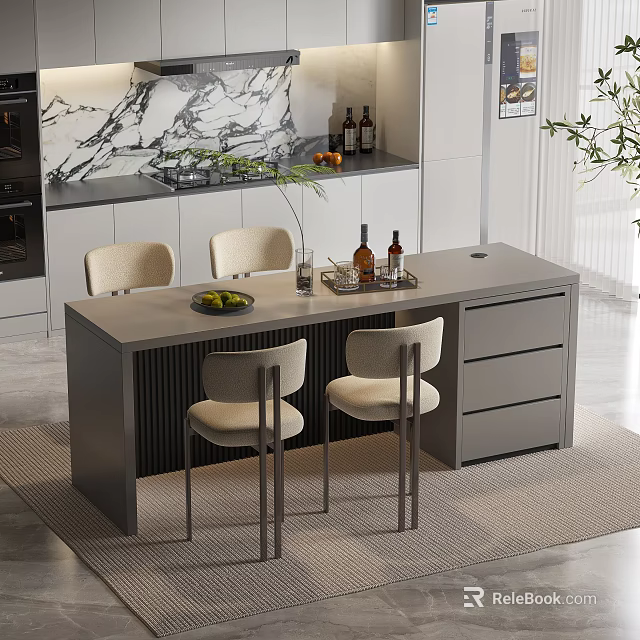 Modern Restaurant Interior With Island Counter Chairs Marble Wall Cabinets Fruit Platter Wine Bottles Glasses 3d model 
