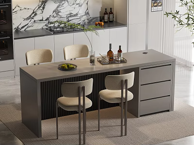 Modern Restaurant Interior With Island Counter Chairs Marble Wall Cabinets Fruit Platter Wine Bottles Glasses 3d model